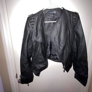 studded shoulder faux leather moto jacket